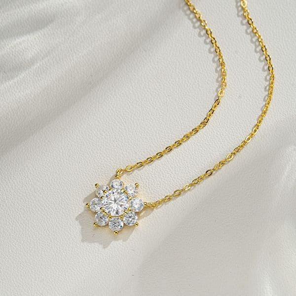 Gold Necklace 925 Sterling Silver Moissanite Pendant Necklace for Women 14K Gold Plated Sunflower Classic Six-Prong Snowflake