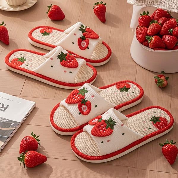 Cute Strawberry Linen Slippers for Women - All-Season Homewear Soft Sole, Quiet, Odor-Resistant, Slip-Resistant Sweet Floor Slippers for Spring and Fall
