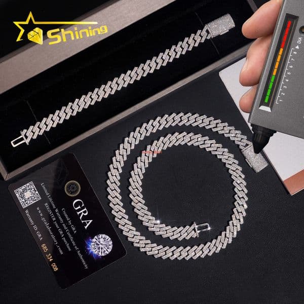 Popular Iced Out 10mm Width 2 Rows Moissanite Cuban Link Hip Hop Jewelry 925 Silver Necklace Custom Cuban Link Chain for Men designer