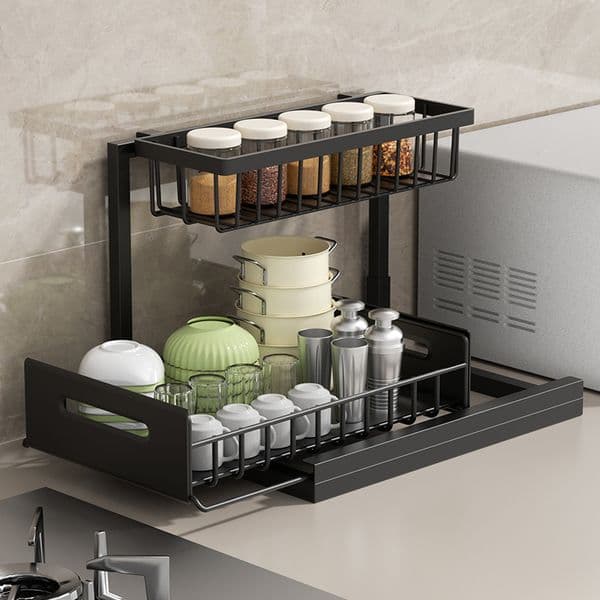 Kitchen storage rack Spacious Adjustable Tiered Organizer for Pantry Items: Cookware Hooks + Drawer Space Enhancer