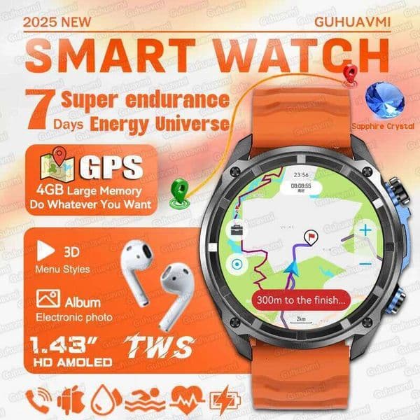 Sports Watch 1.43" HD AMOLED 5ATM Waterproof Swim Watches 4GB Memory Local music TWS GPS Map Smartwatch