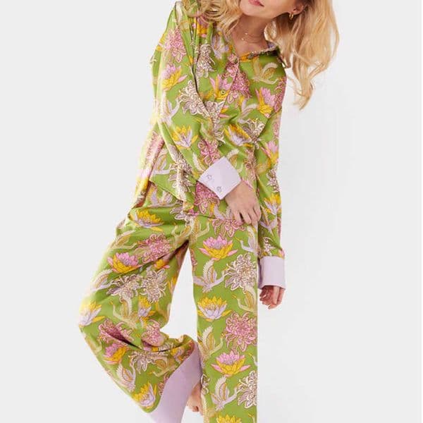 Mishiti Womens Ice Silk Pajamas Sleeve Orchid & Water Lily Print - Comfortable Long Home Wear