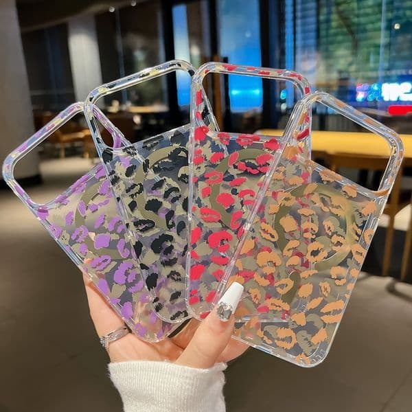 Luxury Leopard Magnet Wireless Charging Cases For Iphone 17 Air 16E 16 15 14 Plus 13 Pro Max Samsung S25 Edge S24 Ultra FE 2.0MM Hard PC Soft IMD TPU Clear