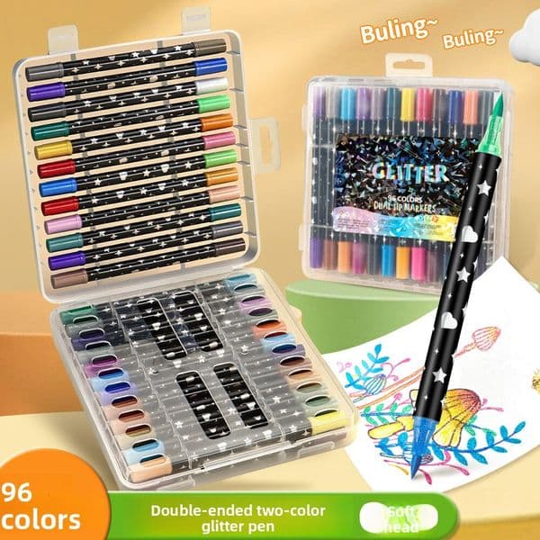 Temu Dual-Head Dual-Color DIY Soft Tip Drawing Glitter Student Highlight Marker Pen