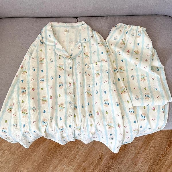 Striped Bear Print Sweet Cute Plus Size Home Wear Lapel Neck Long Sleeve Button Pajamas for Women Spring Kawaii Set 251013