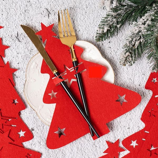 12-Pack Christmas Tree Shaped Felt Tableware Pads Red Green Color Scheme Hollow out Star Pattern Knife Fork Pads For Christmas Decoration Restaurant Table Setting