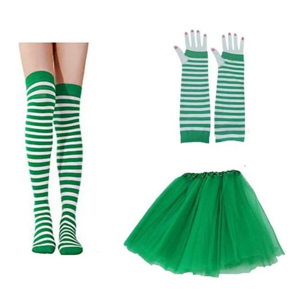 Three pieces of women's clothing accessories, a short skirt with ballet tulle, knitted stockings and long gloves, for festive outfits, and sports yoga