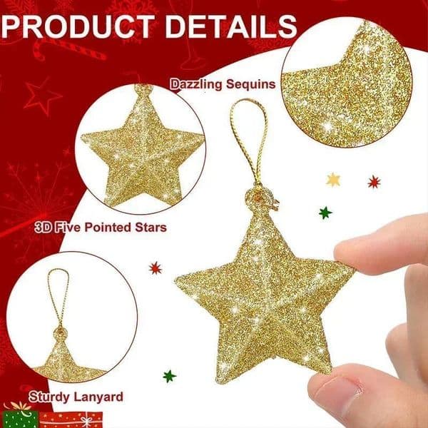6Pcs Plastic Gold Glitter Star Hanging Decorations Christmas Tree ddmynov
