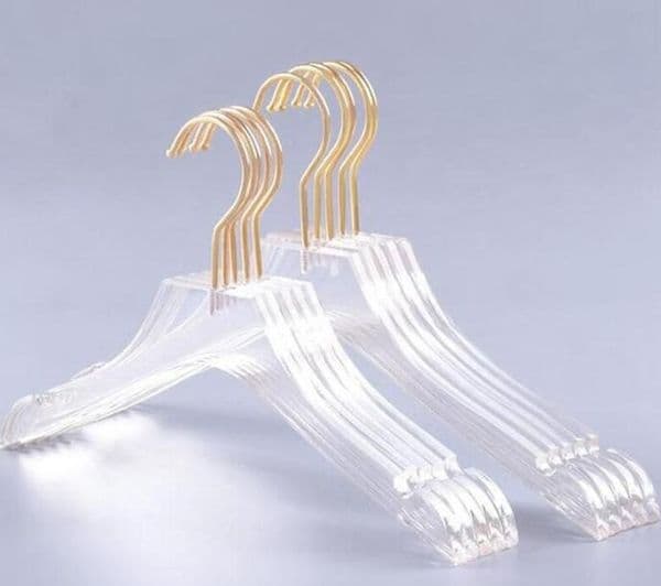 Luxury Clothes Hangers Clear Acrylic Dress Hangers with Gold Hook Transparent Shirts Holders with Notches for Lady Kids