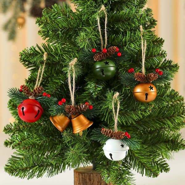 Christmas Metal Gold Jingle Bells With Red Bow And Berry Accessories Round And Bell-shaped Bell For Christmas Tree And Door Hanging Decoration