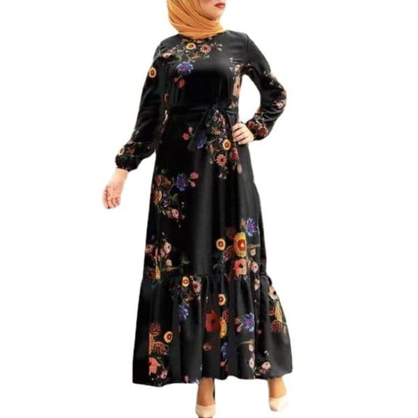 (905) New Medium-length Retro Printed Robe Belt Large Size Dress