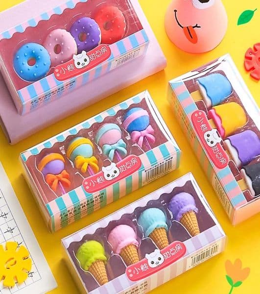 4pcs Yummy Dessert Erasers Set Mini Lollipop Icecream Popsicle Donuts Rubber Pencil Eraser for Kids School Student Award5872696
