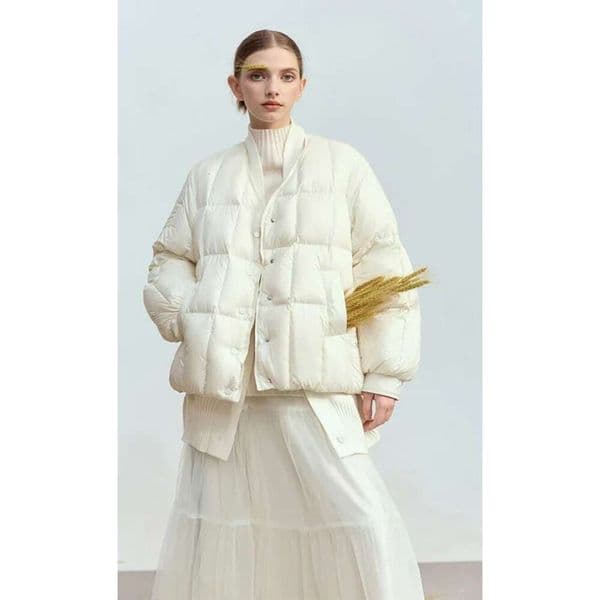 2025 Winter New Women's Shoulder Sleeves Thickened Collision Material Splicing Wool Fake Two-Piece Down Jacket Goose Coat Women