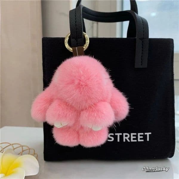Cute Long Ear Bunny Keychain Real Mink Fur Rabbit Doll Pendant Toys Keyring Handbag Charm Ornament Pompom Plush Jewelry Gifts Y240829 Ddmylucky