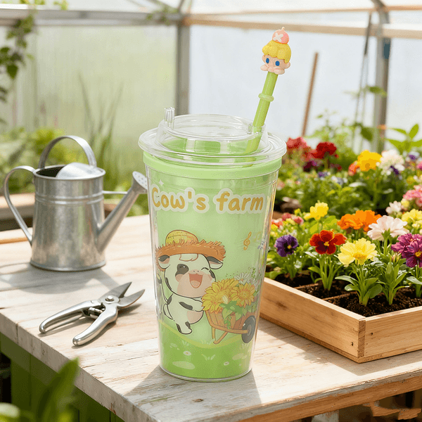 Farm-Style Cute Cow Double-Layer Insulated Straw Cup with 3D Character Lid Fresh Green Sunflower Pattern Creative Water Cup