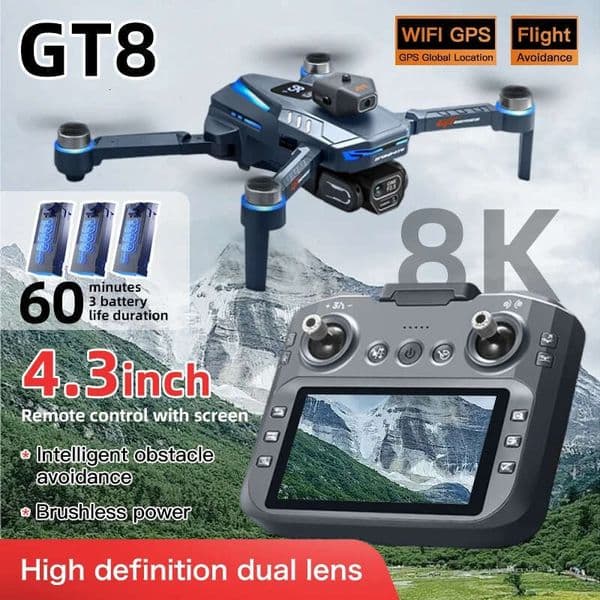 GT8 Drone Professional Dual Camera GPS FPV Brushless Motor Optical Flow Hovering Folding Quadcopter 4K RC Dron Toys 4.3-inch screen
