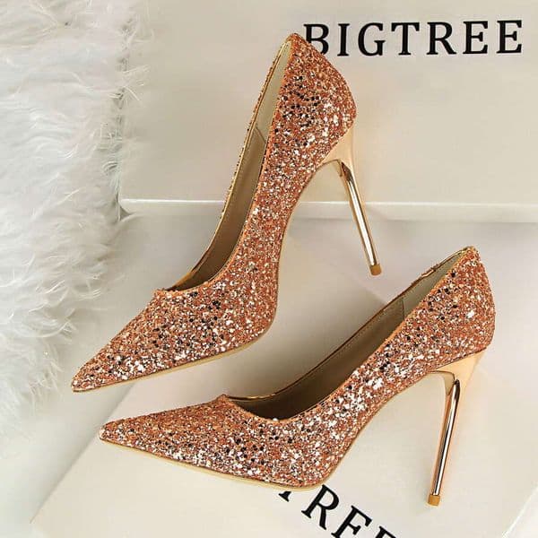 Women's Sexy Nightclub Designer Shoe Style Shallow Mouth Pointed Toe Sparkling Sequins Slim High Heels Single Shoes