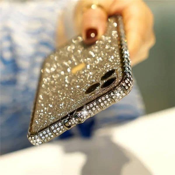 Rhinestone Crystal Dia Metal Bumper Phone Case For iPhone 14 Plus 12 Mini 13 11 Pro XS Max XR X With Glitter Back Film Cover