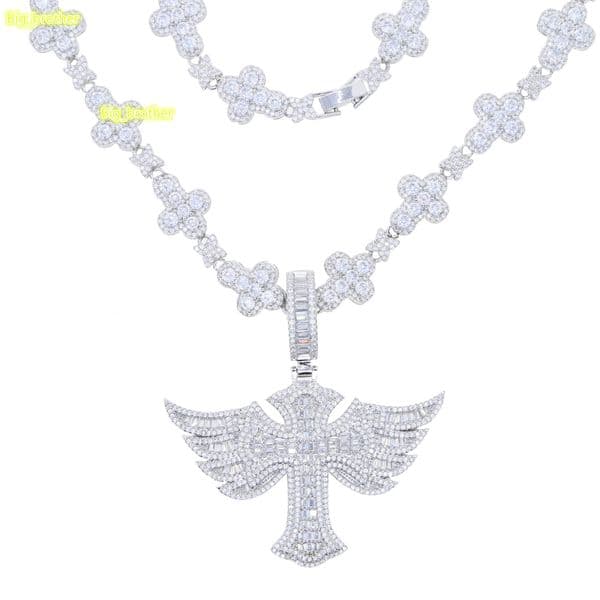 Wholesale Price Hip Hop Mens Full Diamond Wing Cross Pendant Necklace Tennis Chain Material Main Stone for Parties