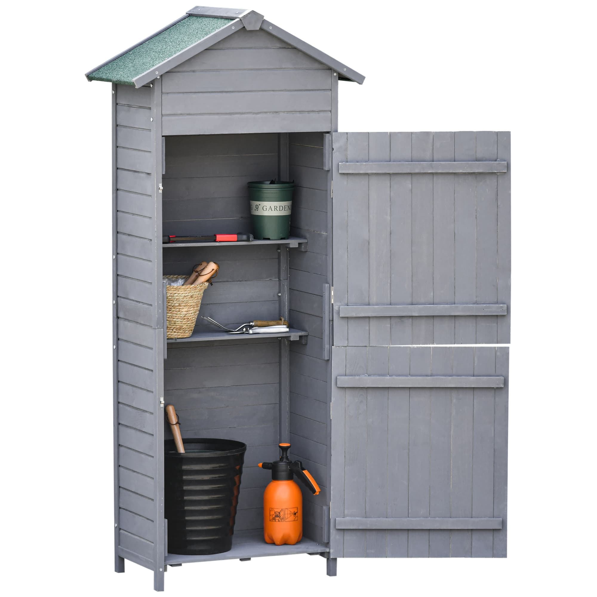 Outsunny 79 x 49cm Garden Cabinet with 3 Shelves, Tilted-felt Roof and Two Lockable Doors for Tool Storage, Dark Grey | Aosom UK
