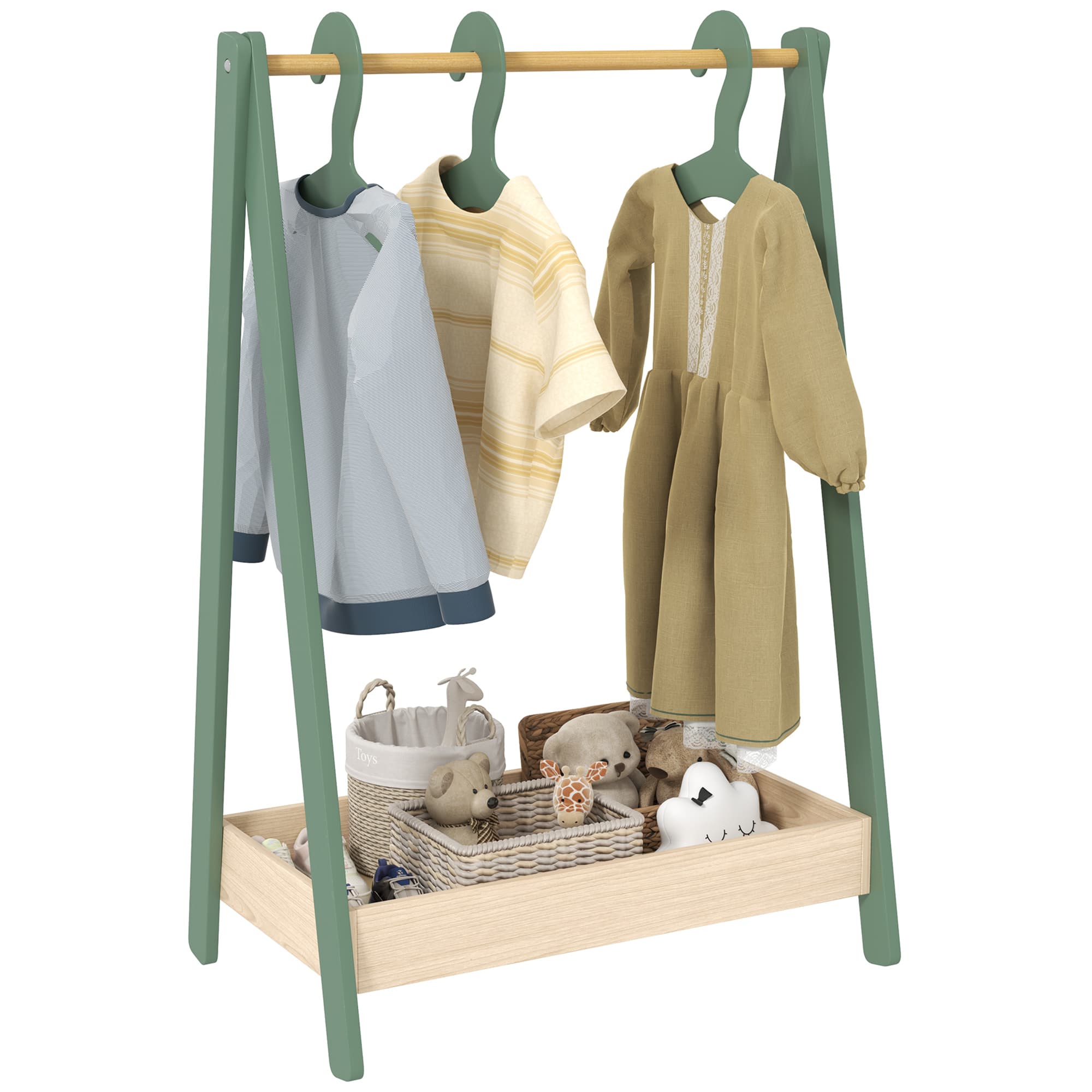 AIYAPLAY Kids Clothes Rail with 3Hangers, Bottom Storage Shelf for Girls, Boys, Nursery, Bedroom, Green | Aosom UK