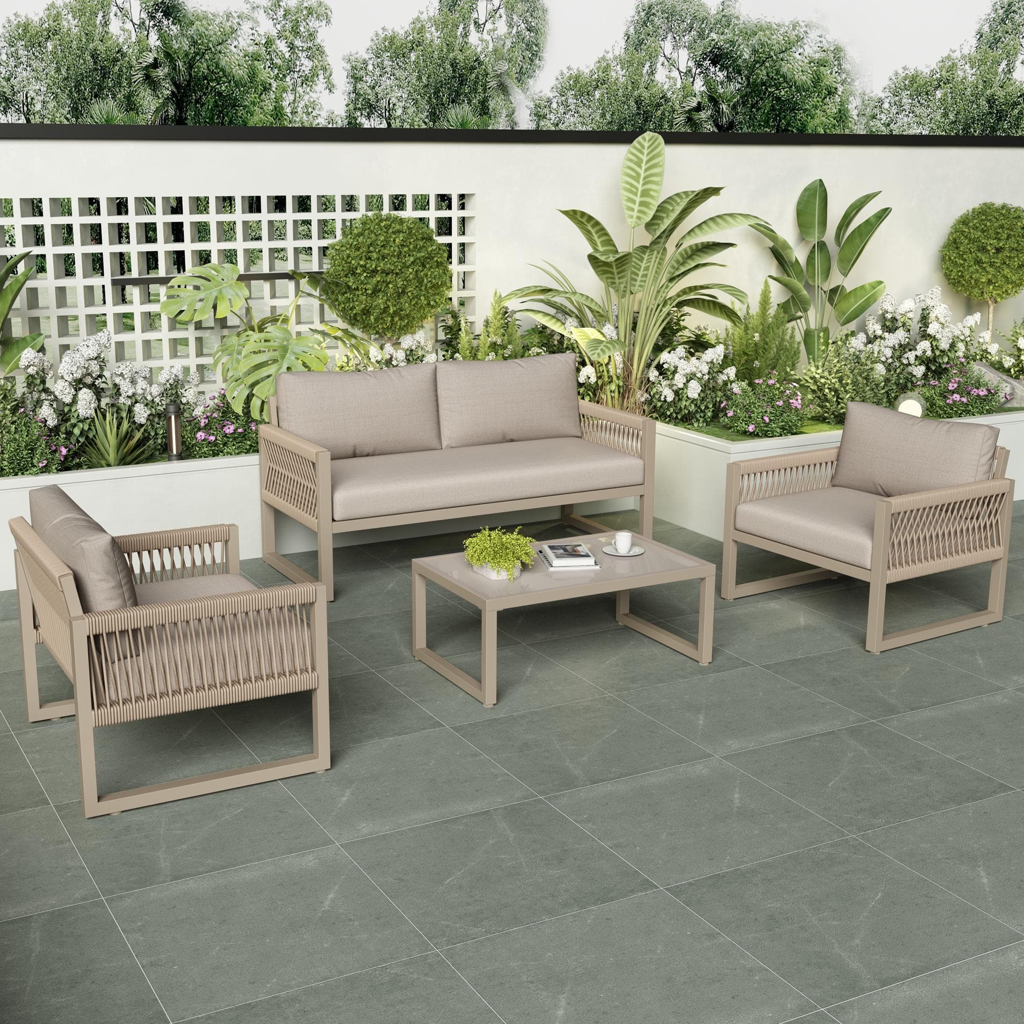 Modern Hand-Woven Sofa Set with Glass Coffee Table, Thick Cushions, Outdoor Garden Lounge Set for 4 People, 126L x 65W x 72H cm, Khaki | Aosom.UK
