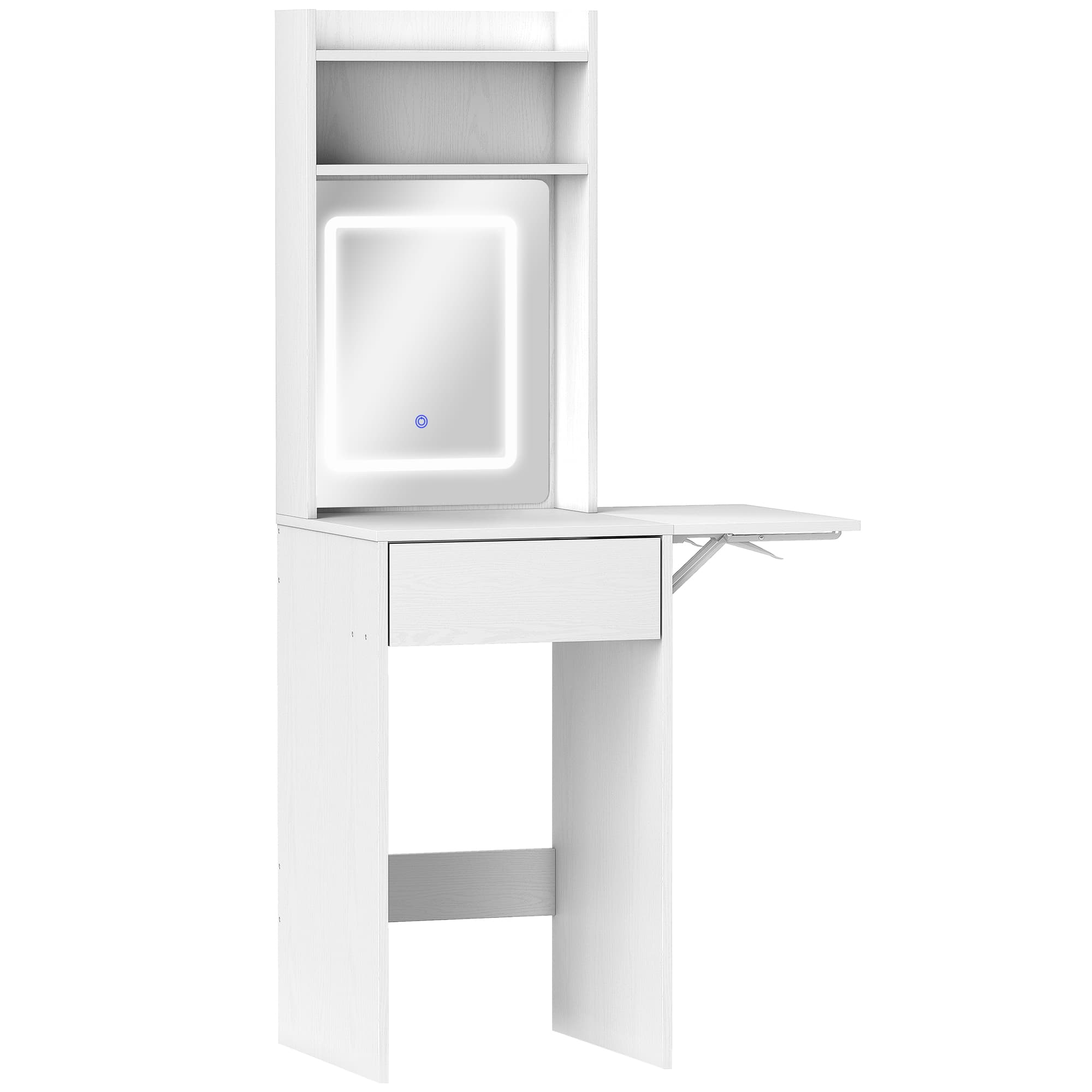 HOMCOM Small Vanity Desk with Mirror and LED Lights, Compact Dressing Table with Drop Leaf, Open Shelves and Drawer, White — detail 1