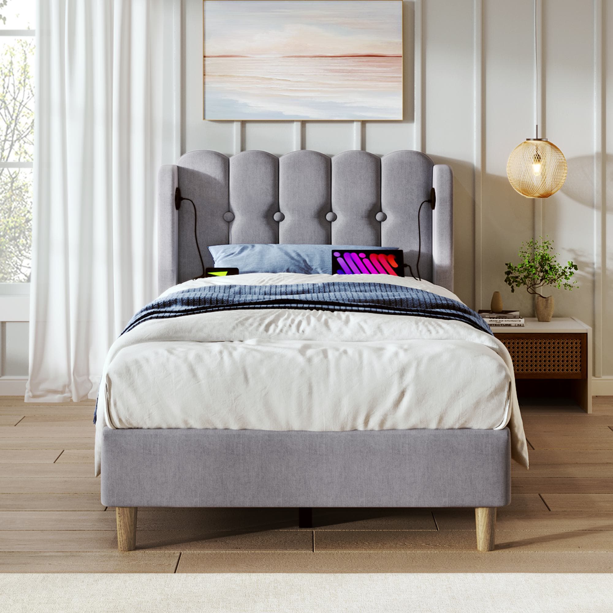 Upholstered Single Bed with USB Type-C Charging Ports, Linen Fabric, Teenager Bed for Bedroom, Guest Room, 197L x 103W x 103H cm, Grey | Aosom UK