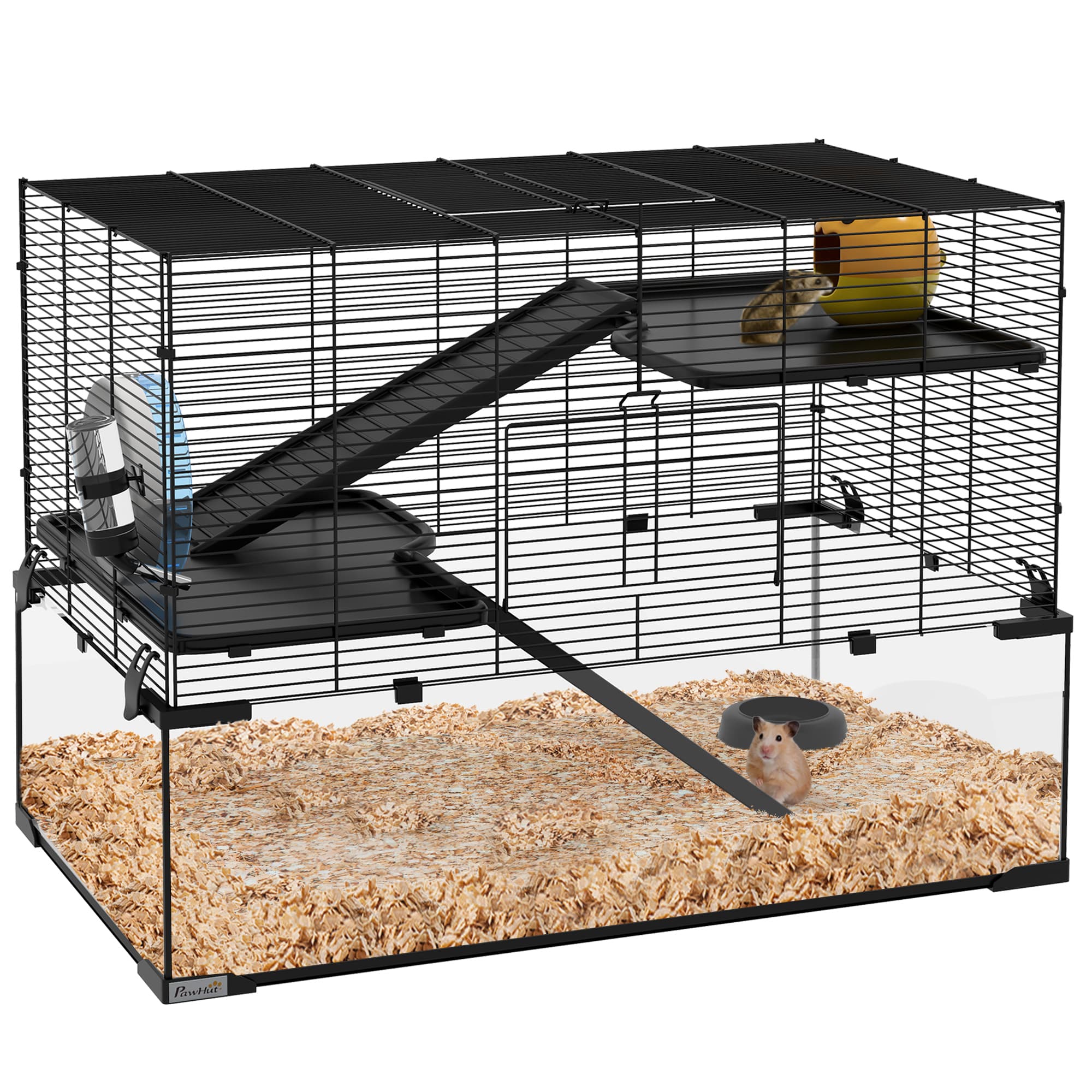 PawHut 3 Tiers Hamster Cage, Gerbil Cage with Deep Glass Bottom, Non-Slip Ramps, Platforms, Hut Exercise Wheels Water Bottle for Syrian Dwarf Hamster — detail 1