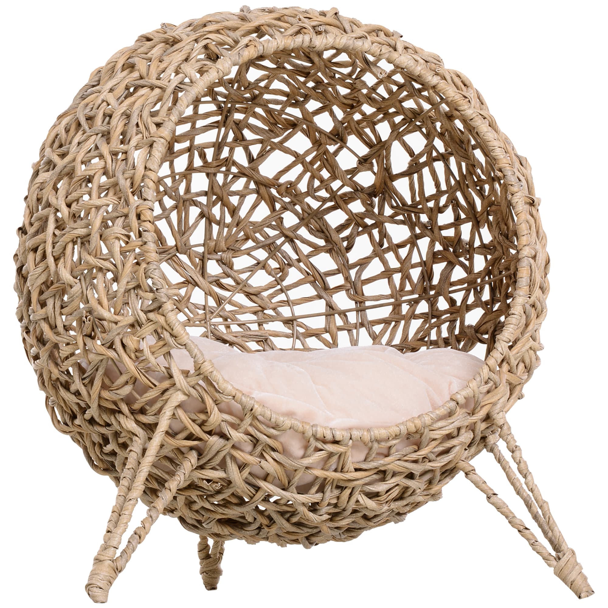 PawHut Hooded Rattan Wicker Elevated Cat House Kitten Pussy Basket Ball Shaped Bed Pet Furniture with Removable Cushion Natural