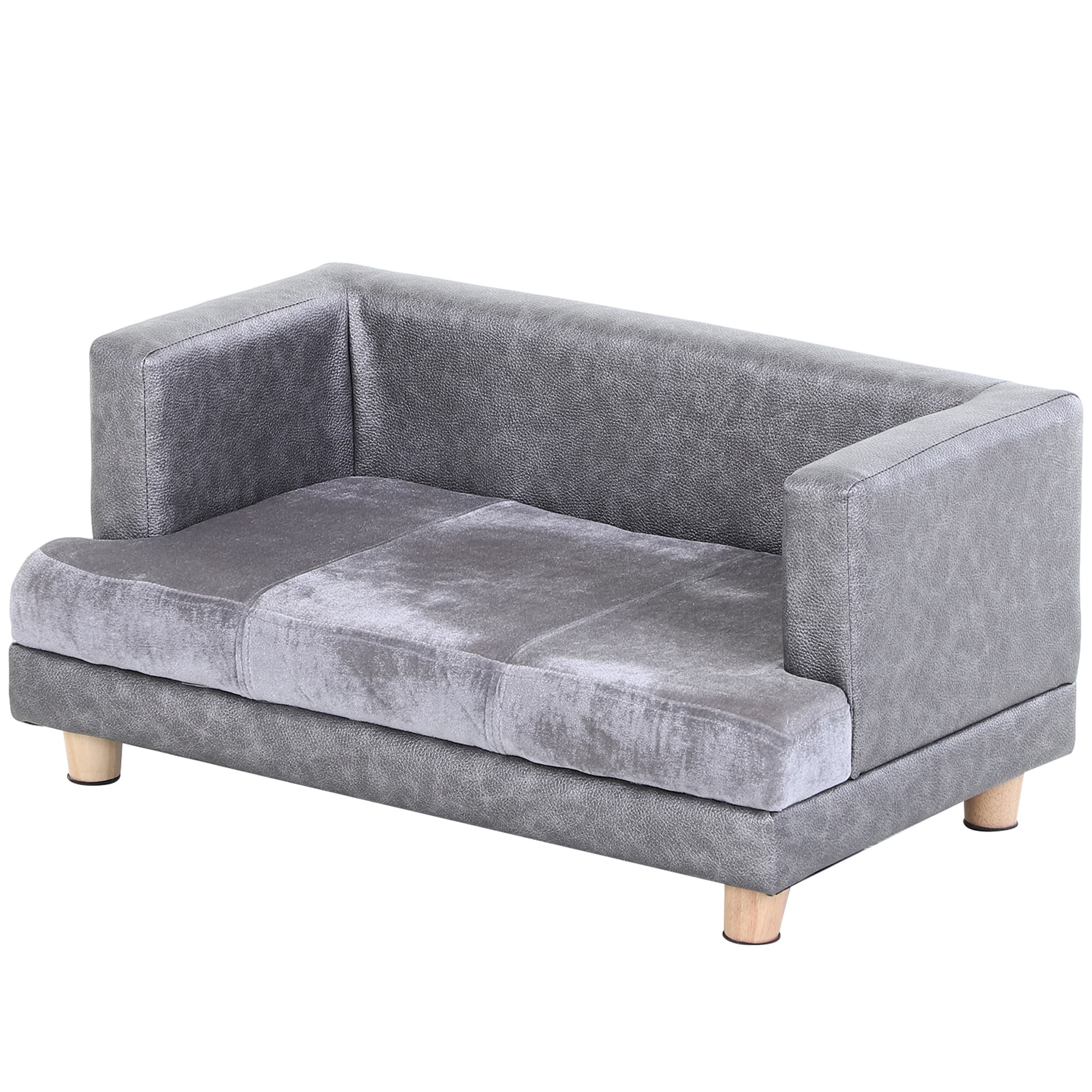 PawHut Dog Sofa Bed for Small-Sized Dogs, Elevated Pet Chair with PU Cover, Soft Cushion, Cat Couch Lounger with Anti-slip Legs - Grey