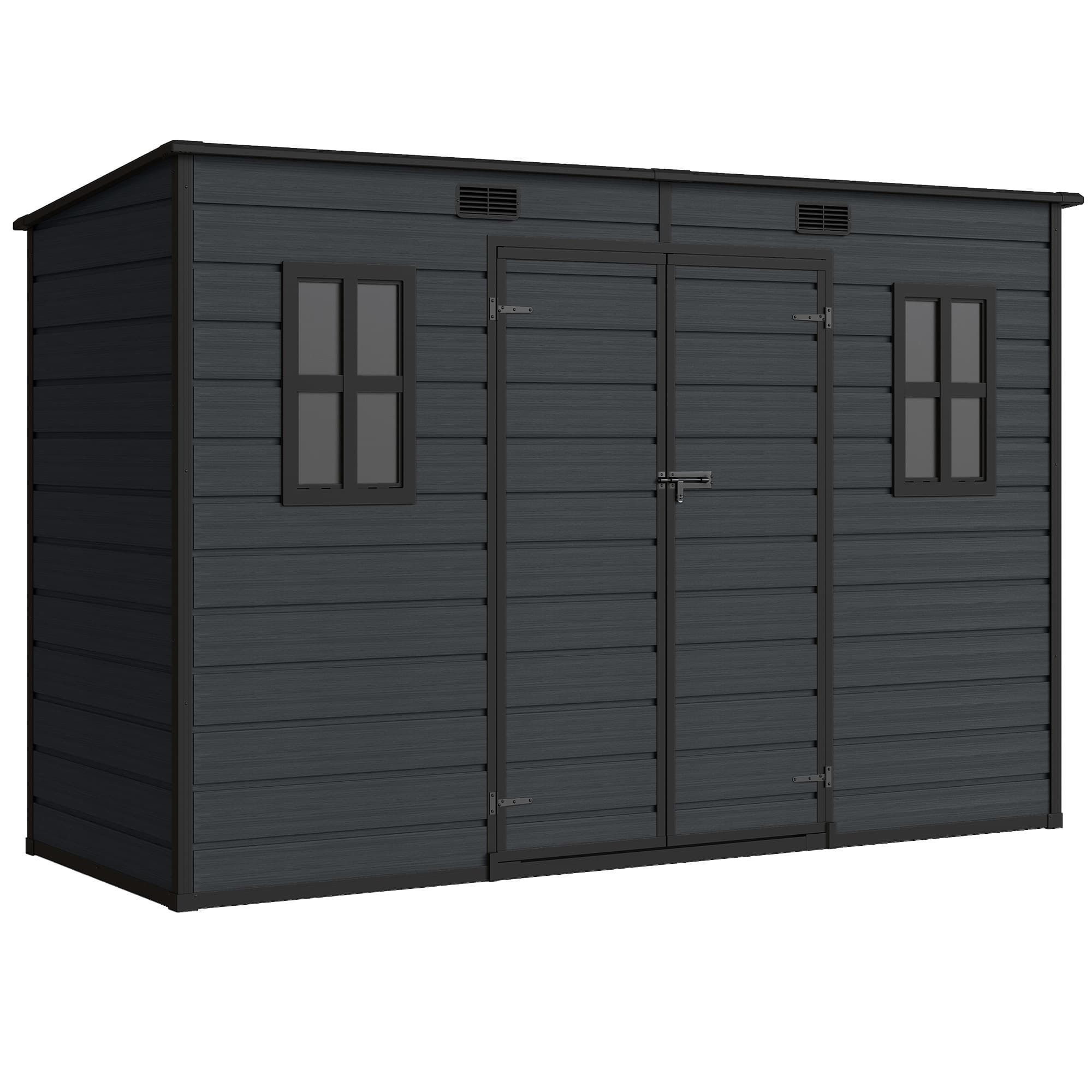 Outsunny 10 x 6 ft Resin Garden Shed, Outdoor Storage Shed with Floor, Windows, Lockable Doors and Vents, Dark Grey — detail 1