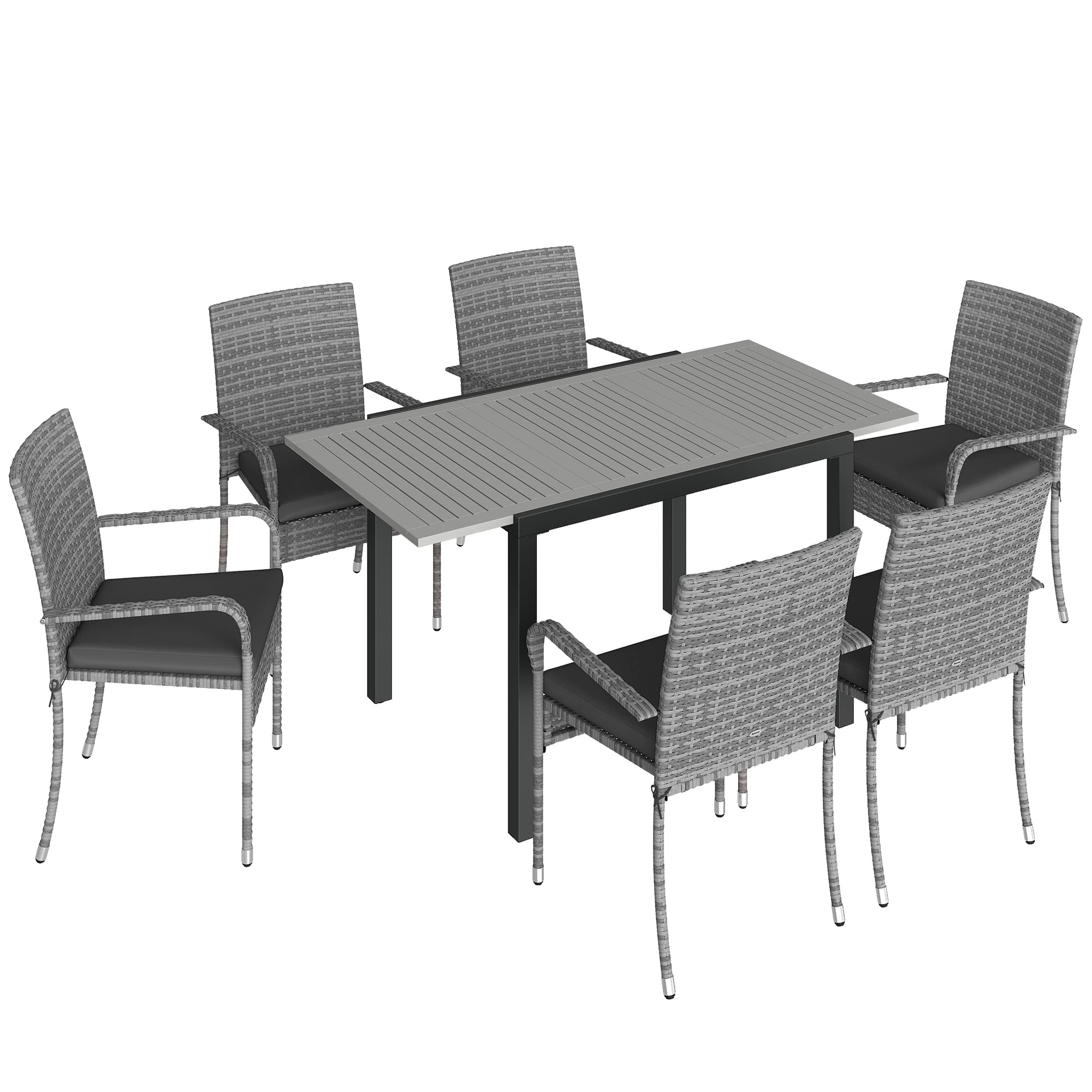 Outsunny 7 Piece Rattan Garden Furniture Set, 6 Seater Garden Table and 6 Stackable Chairs with Extendable Acacia Wood Tabletop — detail 1