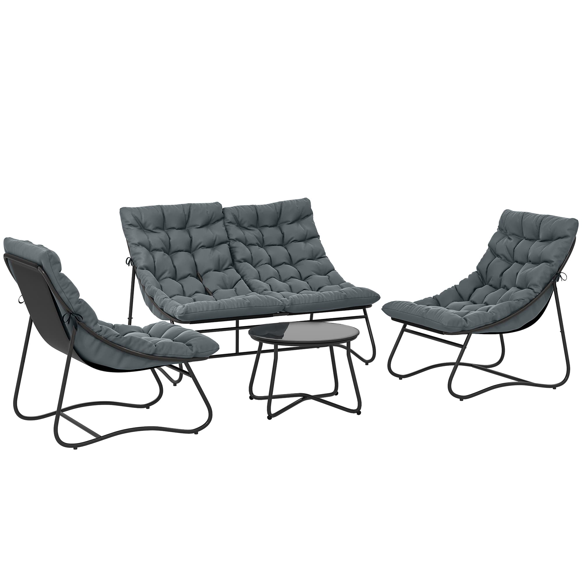 Outsunny 4 Seater Garden Furniture Set, Conversation Set with Loveseat Sofa, Chairs, Glass Coffee Table, Thick Cushions, Steel Outdoor Sofa for Balcony, Poolside, Conservatory, Grey