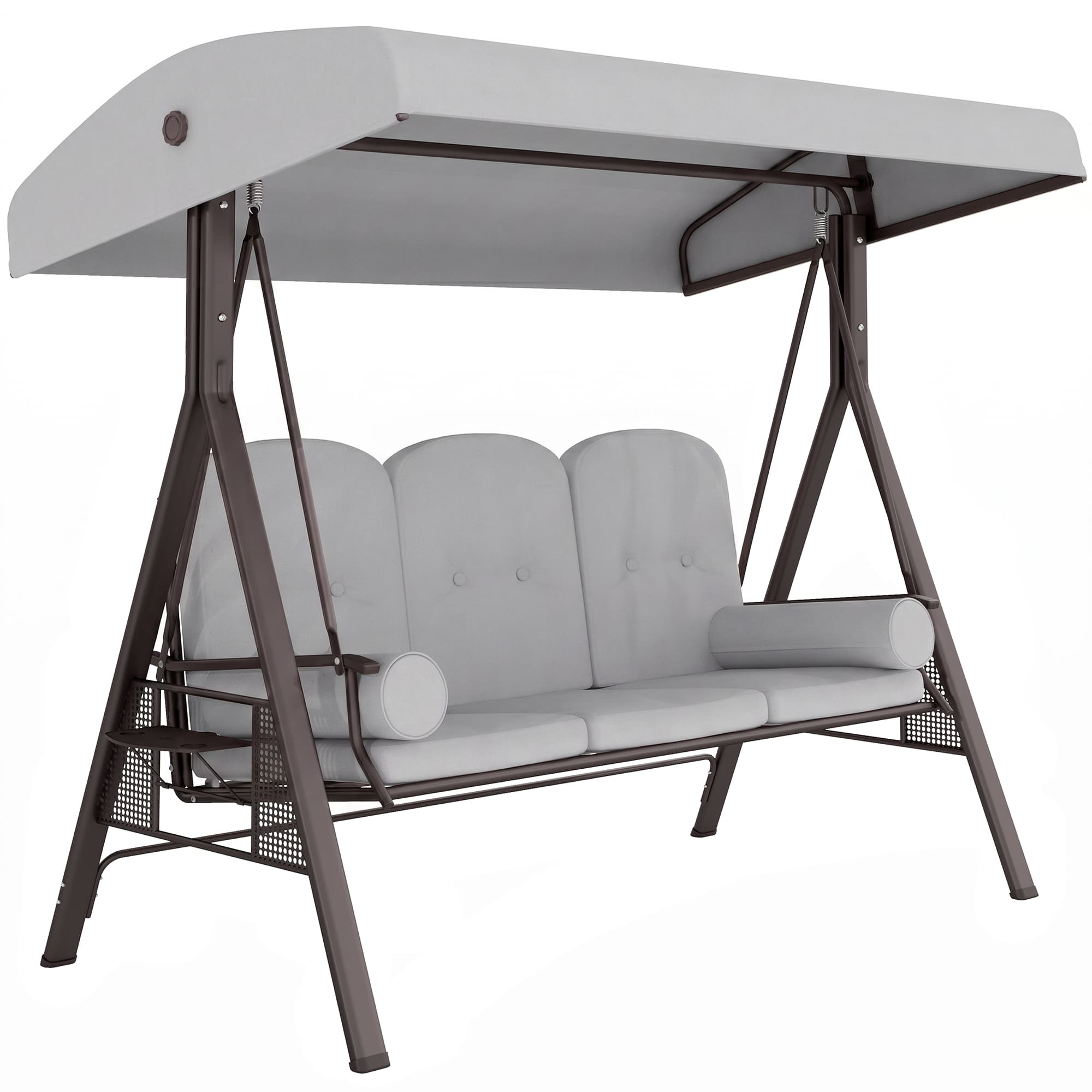 Outsunny 3 Seater Canopy Swing Chair, Outdoor Garden Swing Seat with Adjustable Canopy, Cushions and Cup Trays, Steel Frame, Light Grey