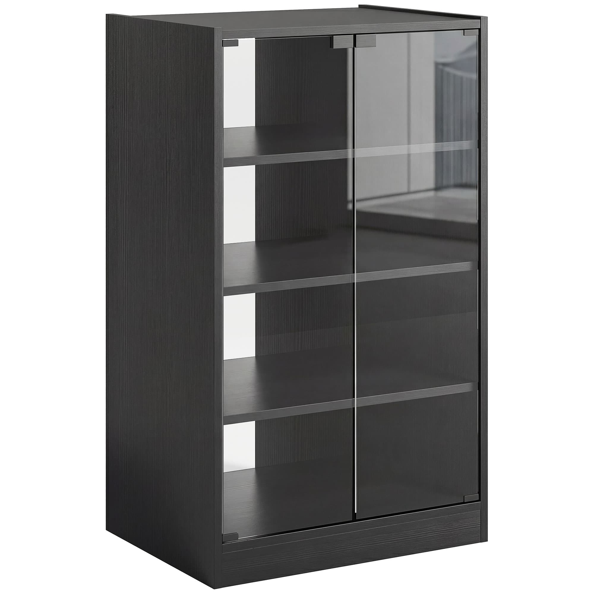 HOMCOM 4-Tier Hi-Fi Stand, Record Player Stand with Adjustable Shelves and Push-to-Open Glass Doors, Black Wood-Effect