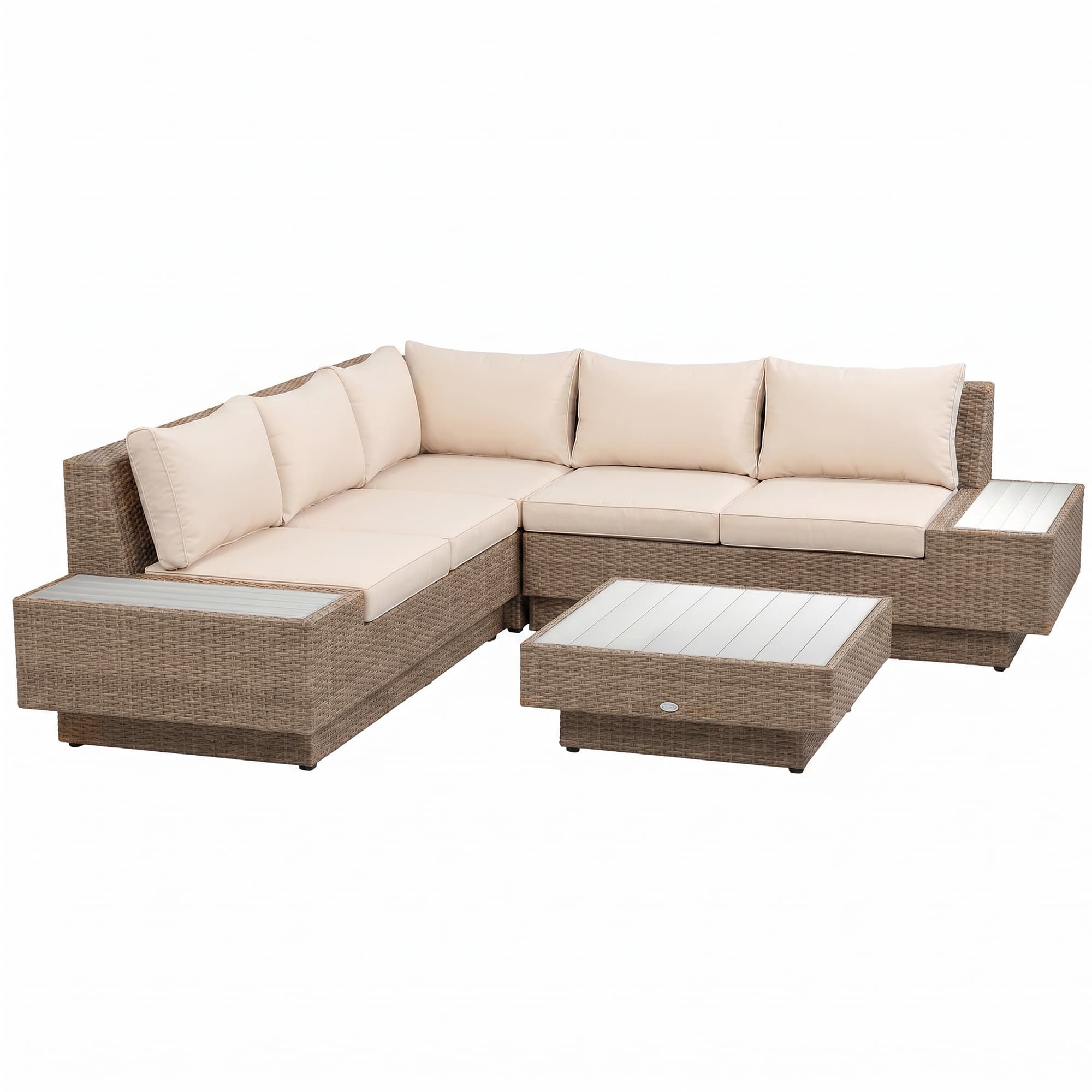 Outsunny 5-Seater Rattan Garden Furniture Outdoor Sectional Corner Sofa and Coffee Table Set Conservatory Wicker Weave w/ Armrest Cushions, Beige