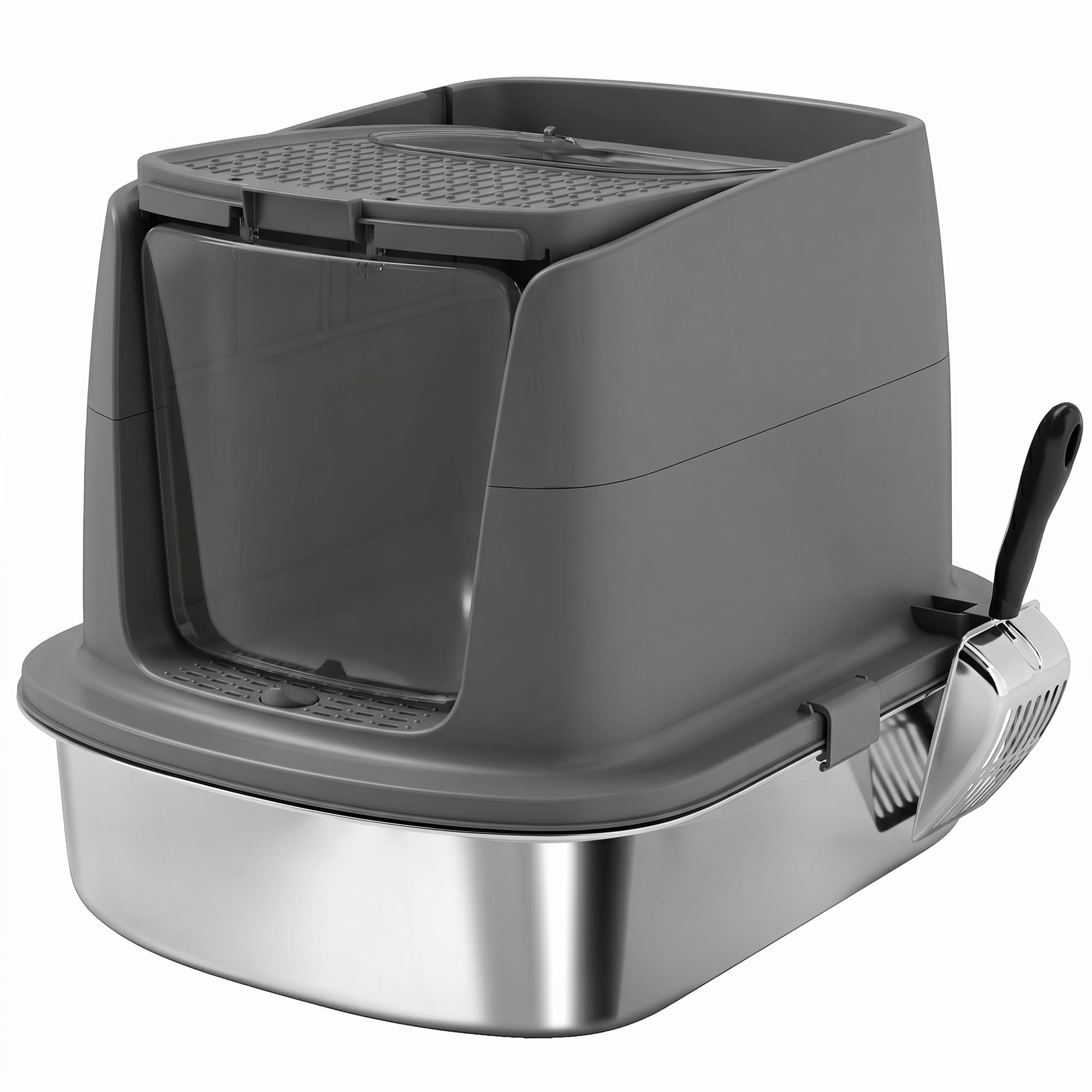 PawHut Large Stainless Steel Litter Box, Enclosed Metal Cat Litter Tray with Scoop, Deodoriser Bag, Front-Entry and Top-Exit