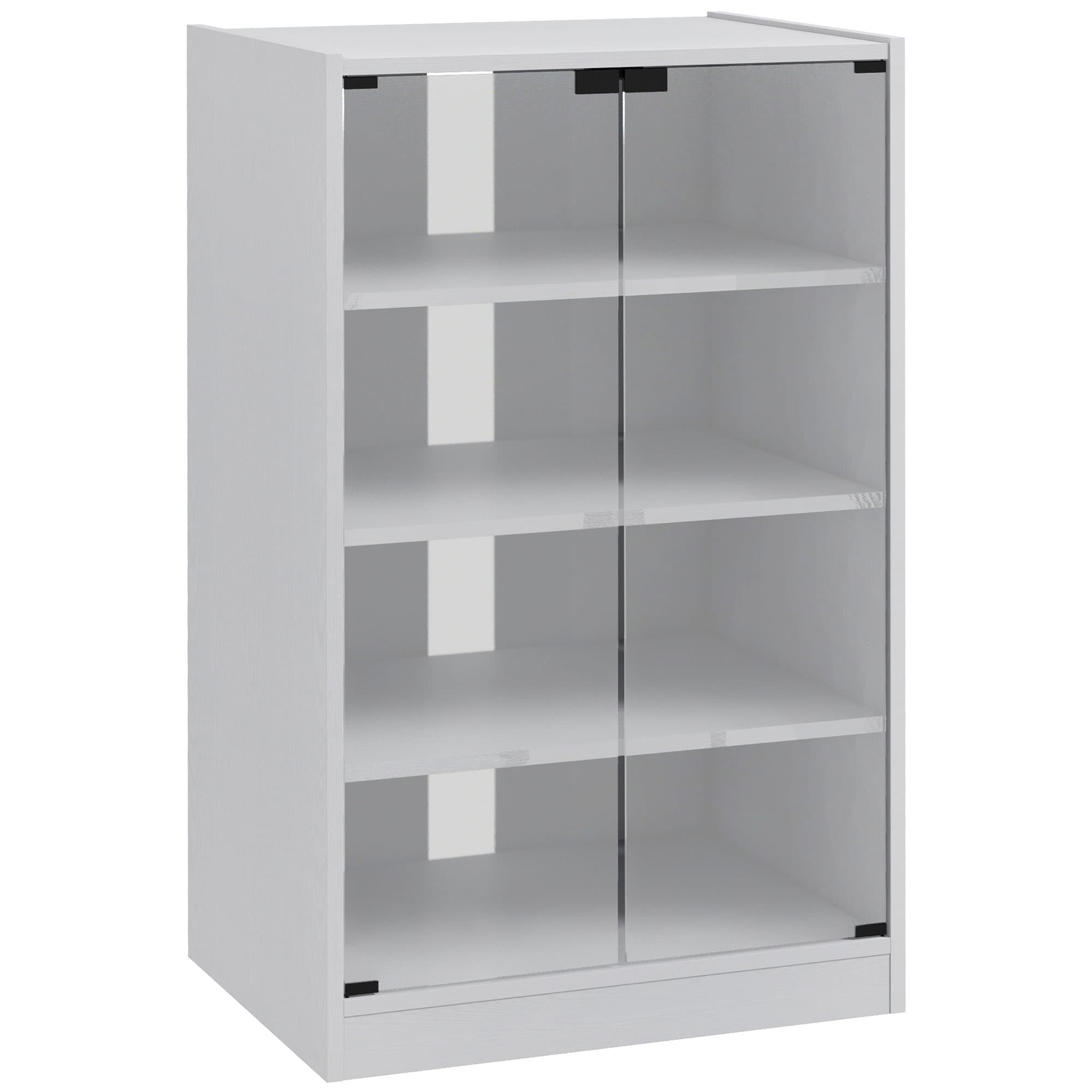 HOMCOM 4-Tier Hi-Fi Stand, Record Player Stand with Adjustable Shelves and Push-to-Open Glass Doors, White Wood-Effect
