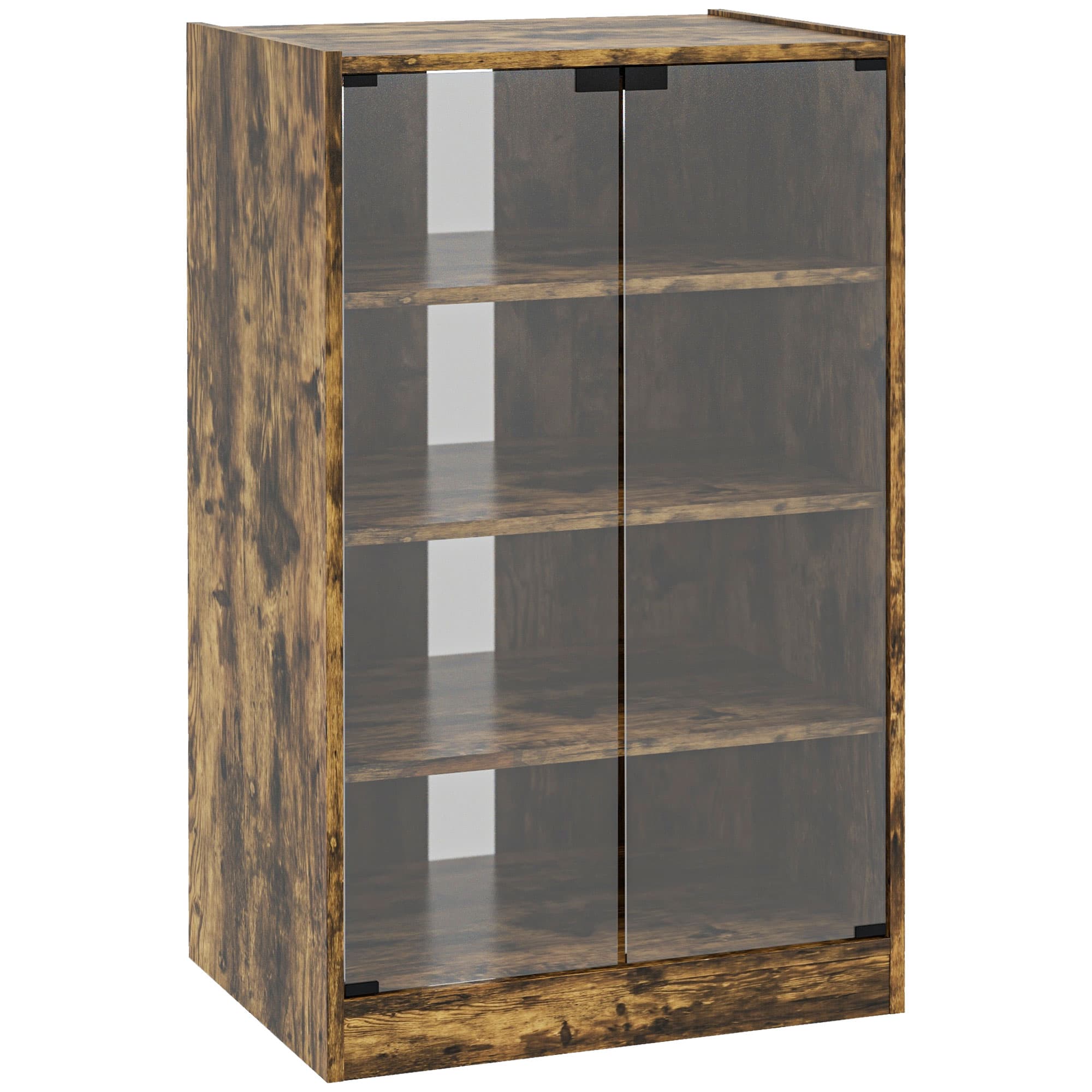 HOMCOM 4-Tier Hi-Fi Stand, Record Player Stand with Adjustable Shelves and Push-to-Open Glass Doors, Rustic Brown