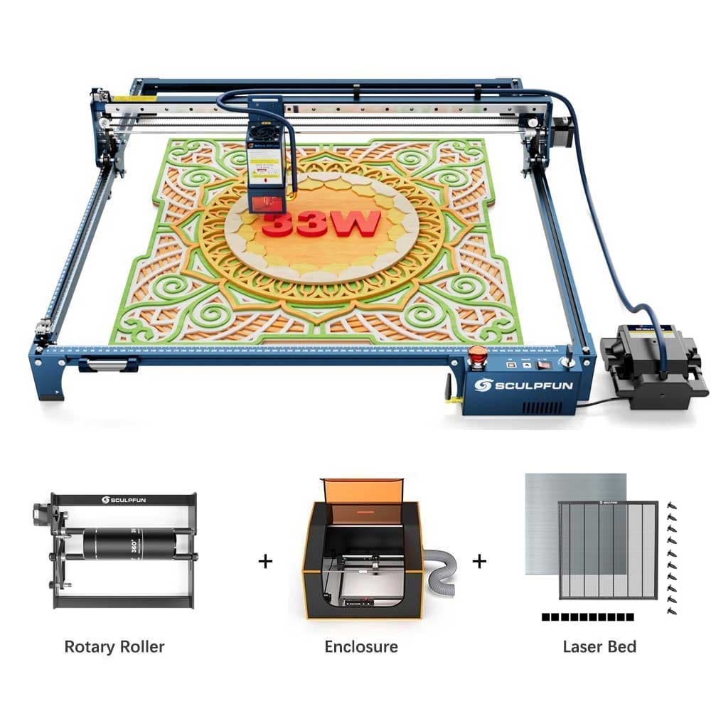 SCULPFUN S30 Ultra 33W Laser Cutter Laser Bed Obrotowa obudowa rolkowa