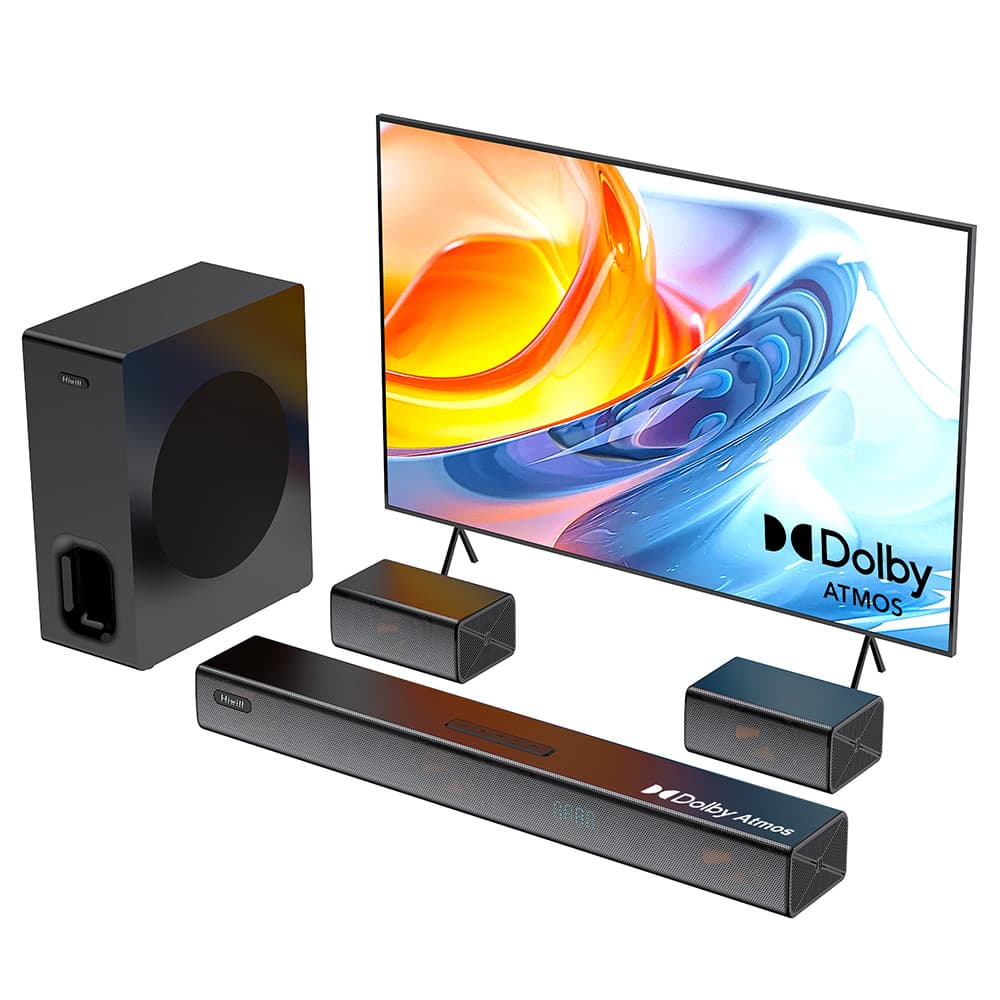 Hiwill A51 Pro 5.1-kanałowy zestaw głośników Soundbar Subwoofer, Dolby Atmos, 6,5-calowy bezprzewodowy subwoofer, 9 przetworników, moc szczytowa 420 W