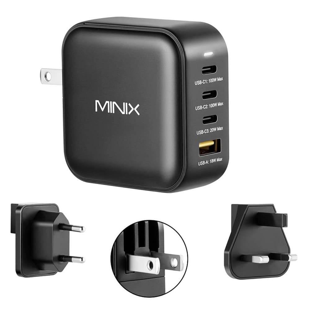 Szybka ładowarka MINIX P3 100 W, 3 porty Type-C i 1 port USB-A do podróży, uniwersalna kompatybilność
