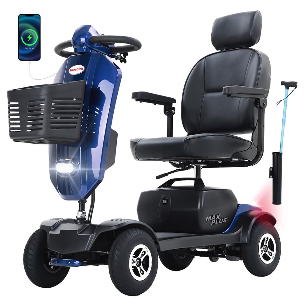 Skuter inwalidzki Sweetrich Max Plus, silnik 300 W, akumulator 24 V 20 Ah, opony 9-calowe, maks. prędkość 6 km/h, zasięg 25 km – niebieski
