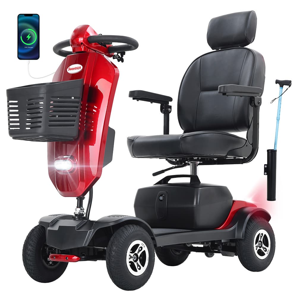 Skuter inwalidzki Sweetrich Max Plus, silnik 300 W, akumulator 24 V 20 Ah, opony 9-calowe, maks. prędkość 6 km/h, zasięg 25 km – czerwony