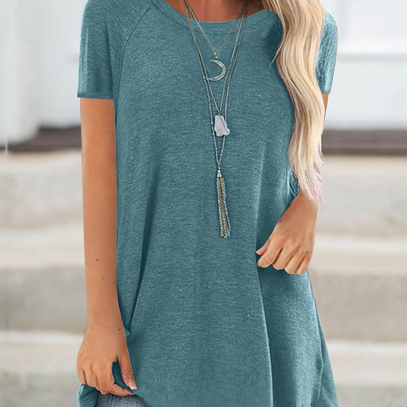 TEMU Women's Round Neck V-neckline Longline Solid Color Short Sleeve T-shirt