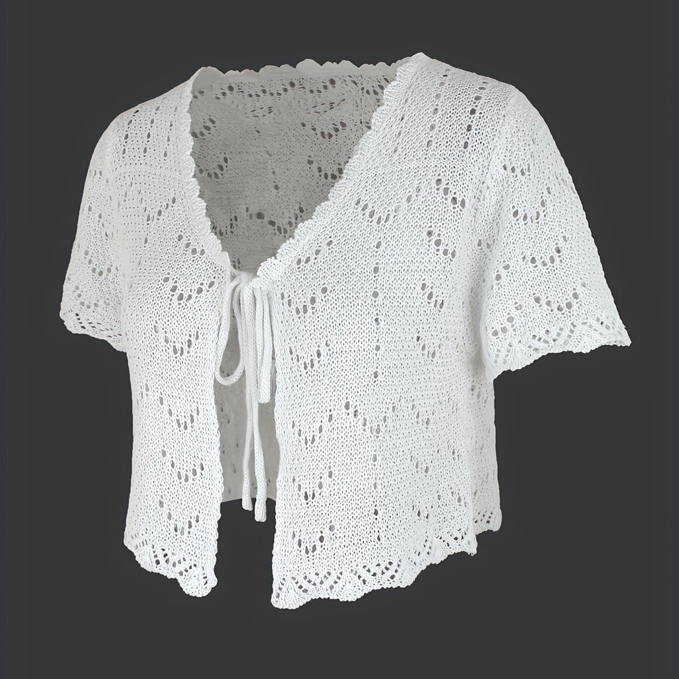 TEMU Hollow Tie Front Knit Cardigan, Vacation Solid Scallop Trim Short Sleeve Sweater, Women's Clothing