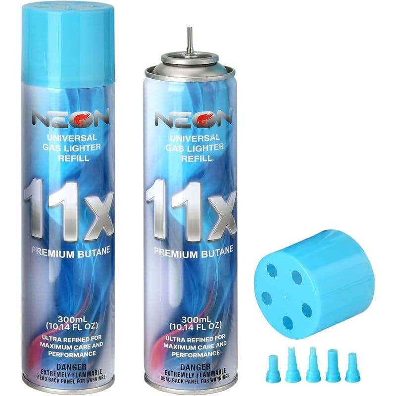 TEMU Fuel Refill, 11x Ultra-, 300ml Premium Lighter Fluid With Metal Nozzle & 5 Butane Gas Refill Adapters For Refillable Jet Flame Lighters, Torches, And Culinary Use, 2 Cans