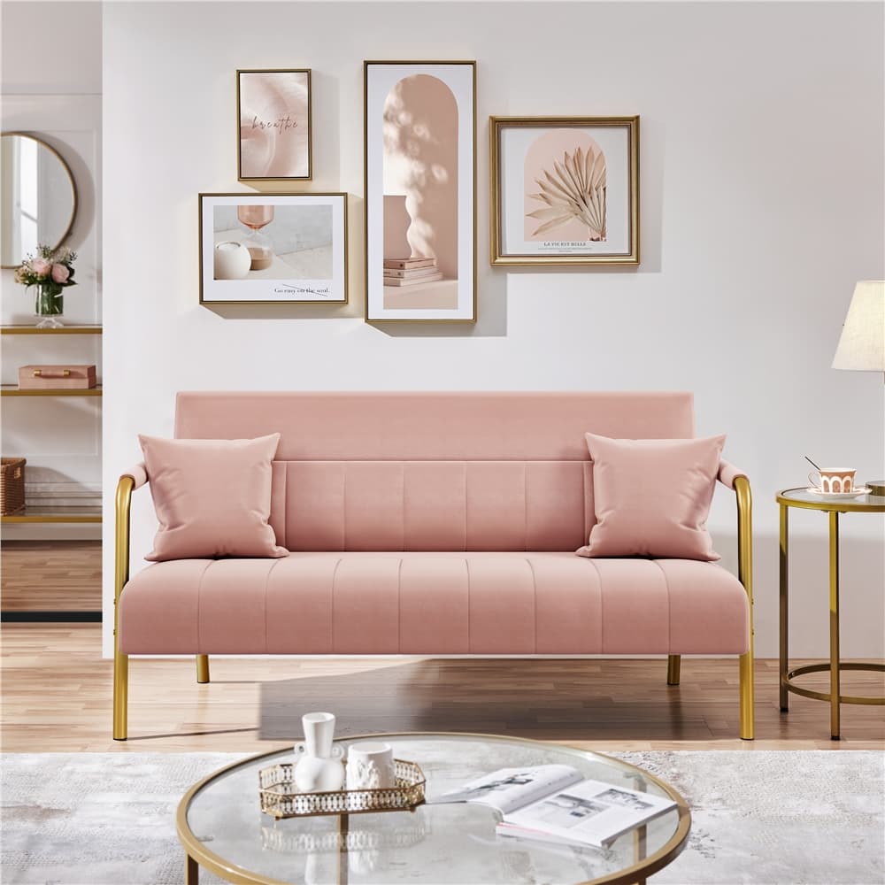 TEMU Velvet Fabric Sofa Couch, 56.5″ W Modern Loveseat Couch With Gold-tone , Legs & 2 Pillows, Sofa For Living Room, Bedroom Furniture