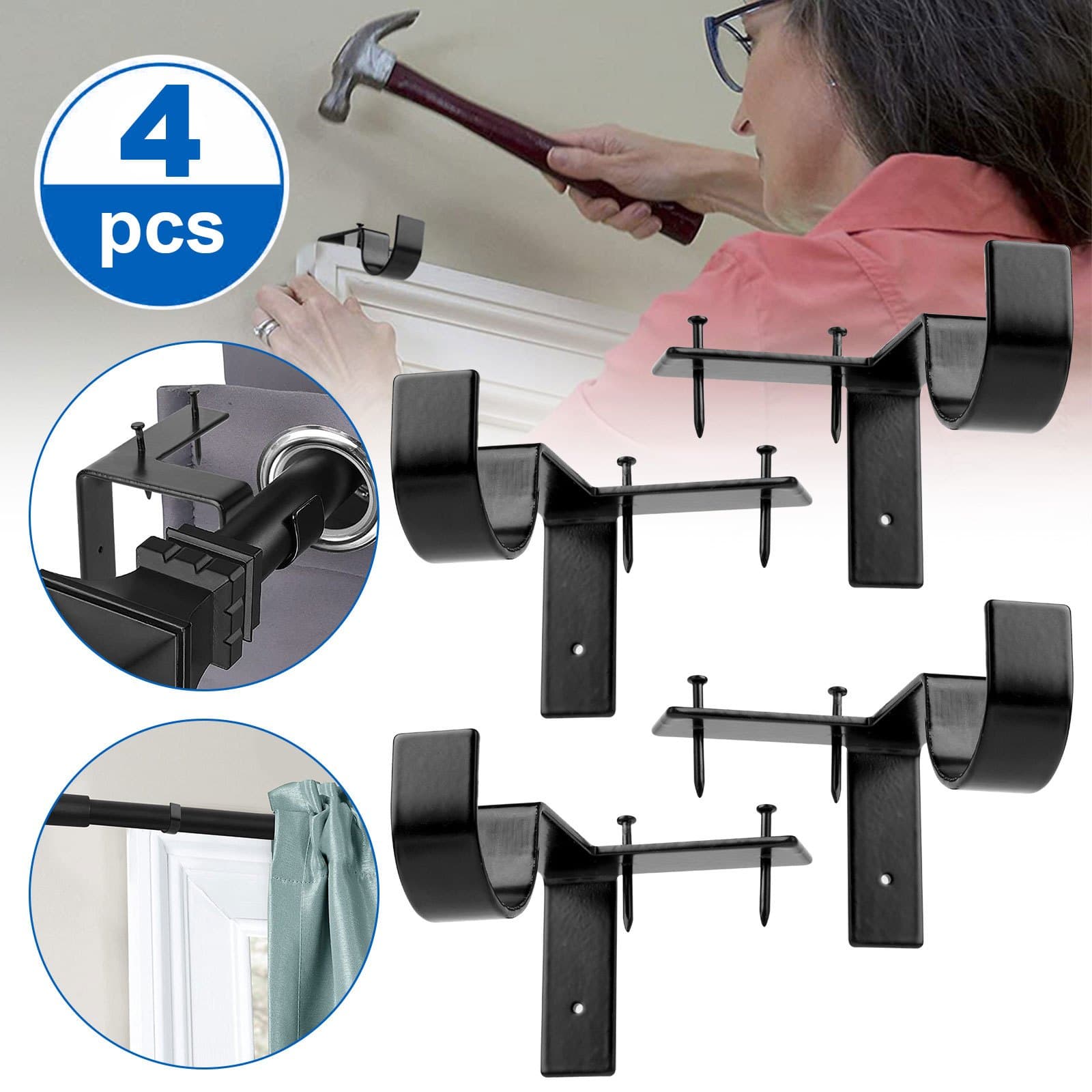 TEMU 4pcs No Drill Curtain Rod Brackets, Adjustable Metal Heavy Duty Curtain Rod Holders, Screwless Curtain Rods Hooks For Home